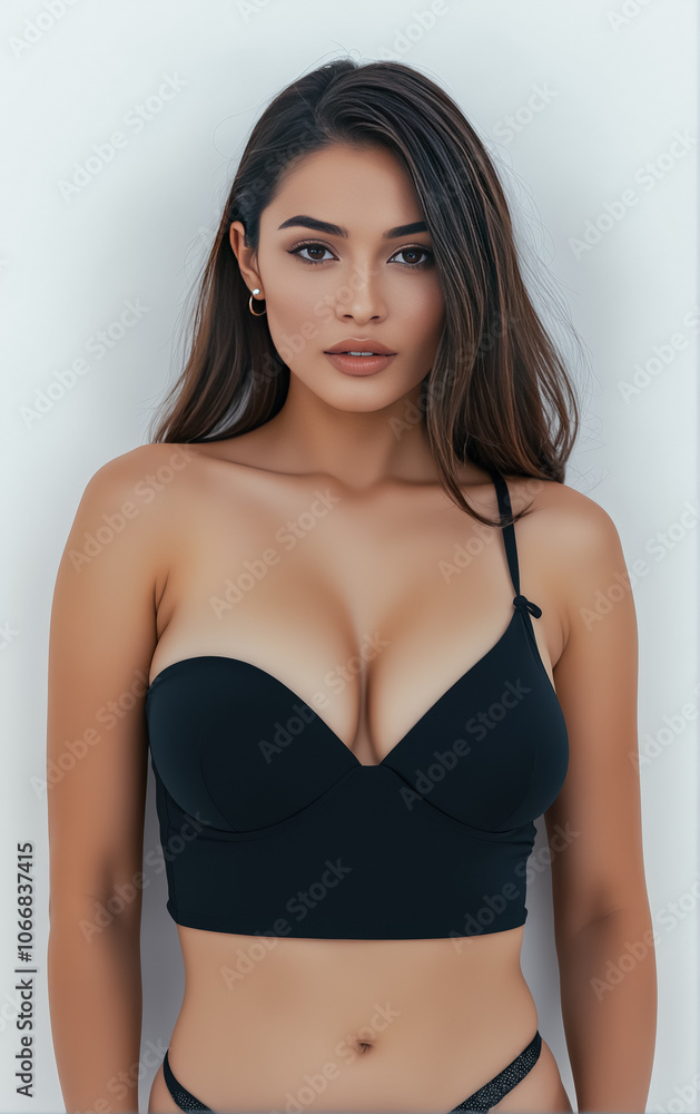 Portrait of attractive young slim woman with fit body in black bikini on plain background. Advertising fashion photo shoot, concept. Portrait of attractive young slim woman with fit body in black bikini on plain background. Advertising fashion photo shoot, concept.