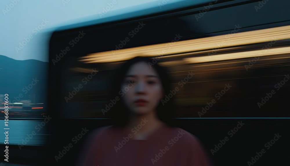 Blurry Image of a Woman in Front of a Train With Lights Blurry Image of a Woman in Front of a Train With Lights