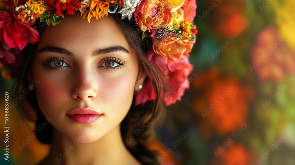 Naklejka premium Portrait young woman wearing a flower tiara for Hispanic Heritage, Spanish culture.