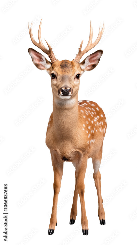 Obraz premium Portrait of a young deer with antlers standing on transparent background