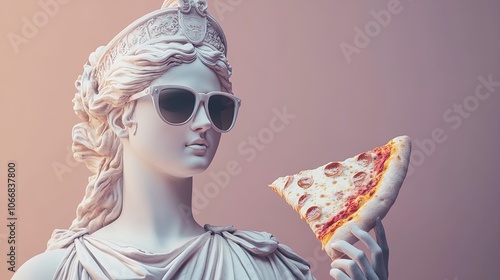 Chic Roman Goddess: Marble Statue Wearing Sunglasses and Enjoying Pizza - Perfect Poster for Sporty Décor and Modern Art Enthusiasts! photo