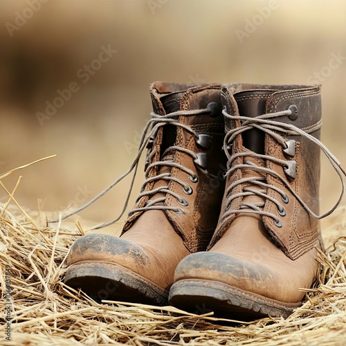 Farmer s boots and straw, rustic farming scene, worn details photo