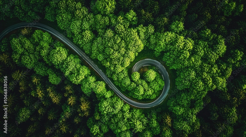 Aerial view of a winding road surrounded by lush green trees. Aerial view of a winding road surrounded by lush green trees.