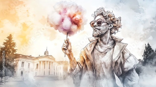 Charming Marble Poet Statue with Retro Sunglasses and Cotton Candy: Perfect Wall Art Poster for Sporty Interiors and Creative Spaces