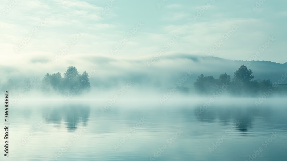 A serene morning landscape featuring a dense layer of fog rolling over a calm lake, with soft light filtering through the mist. A serene morning landscape featuring a dense layer of fog rolling over a calm lake, with soft light filtering through the mist.