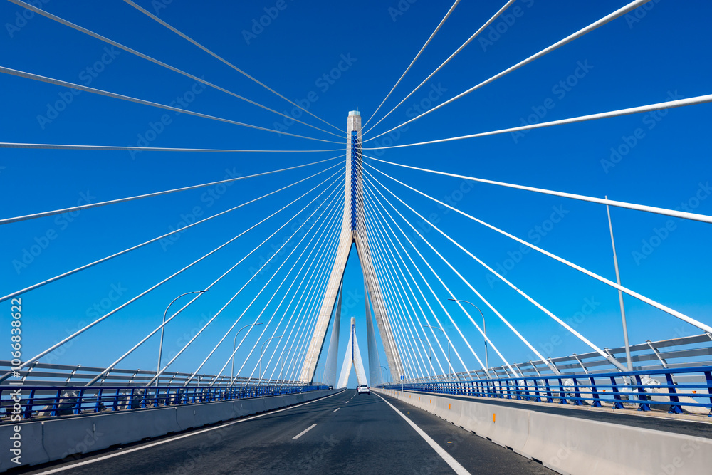 View on cable-stayed bridge with high pylons across the Bay of Cadiz, linking Cadiz with Puerto Real in mainland Spain View on cable-stayed bridge with high pylons across the Bay of Cadiz, linking Cadiz with Puerto Real in mainland Spain