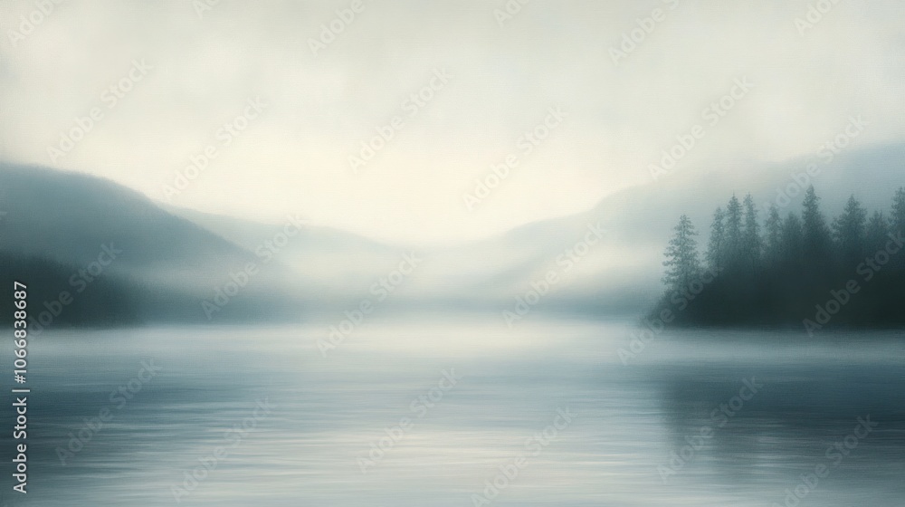 A serene morning landscape featuring a dense layer of fog rolling over a calm lake, with soft light filtering through the mist. A serene morning landscape featuring a dense layer of fog rolling over a calm lake, with soft light filtering through the mist.