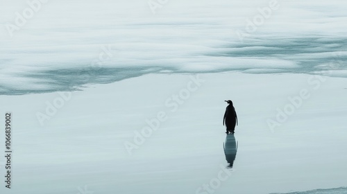 A solitary penguin stands gracefully on a vast expanse of glistening ice