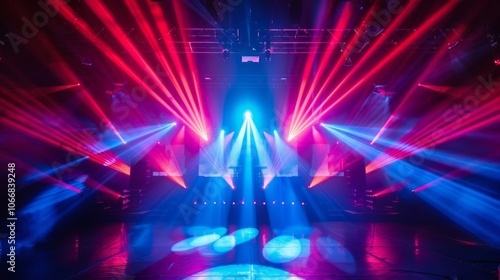 A dark theater stage with colorful lights, blue and pink beams, rails, and a blurred audience create a vivid, dramatic atmosphere. Shadows engulf the space beyond the stage.