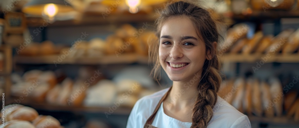 Woman with braided brown hair, white t-shirt, and brown apron smiles in front of bakery display with French baguettes. Warm and inviting atmosphere. Woman with braided brown hair, white t-shirt, and brown apron smiles in front of bakery display with French baguettes. Warm and inviting atmosphere.
