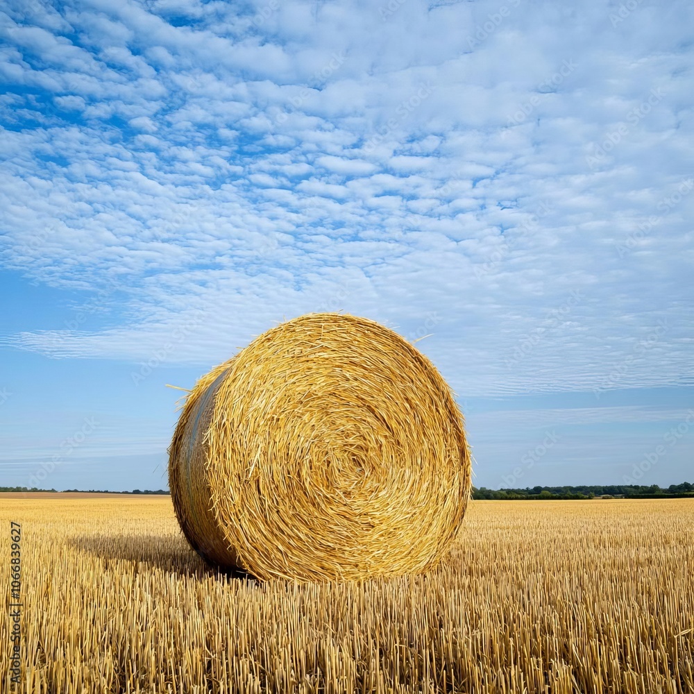 Golden straw bale under bright sky, endless rural field, simplicity Golden straw bale under bright sky, endless rural field, simplicity