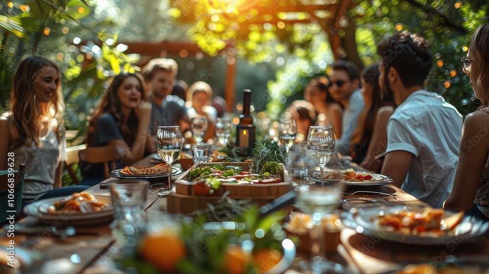 Big Family Garden Party Celebration with Friends and Children Gathered Together at the Table