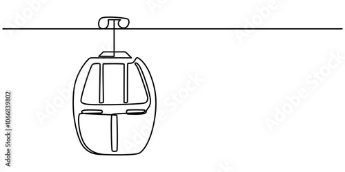 Cable car one line drawing, Cable car with cabins continuous one line drawing, Cable car in continuous line art drawing style. Aerial tramway black linear sketch isolated on white background. Vector