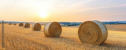 Golden straw bales in a vast rural field, bright sunset, calm countryside ambiance photo