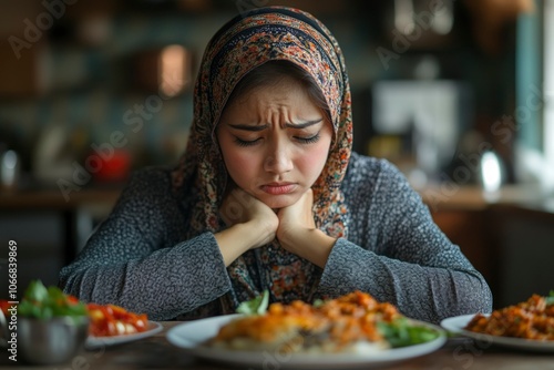 Woman in headscarf with pensive expression sitting at a table with food in front of her photo