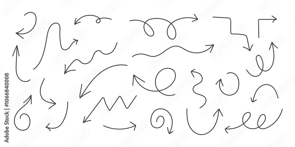 Collection of Doodle arrows. Hand drawn scribble arrow. Line Drawing Sketch illustration. Element for highlighting points in infographics, notes, graphic design projects, education Collection of Doodle arrows. Hand drawn scribble arrow. Line Drawing Sketch illustration. Element for highlighting points in infographics, notes, graphic design projects, education