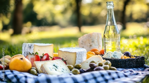 A vibrant picnic setup in a sunlit park, showcasing a variety of French cheeses on a checkered blanket. photo