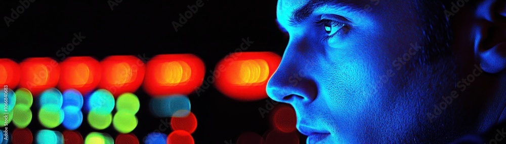 Focused Gaze of a Young Professional in Neon Light Focused Gaze of a Young Professional in Neon Light