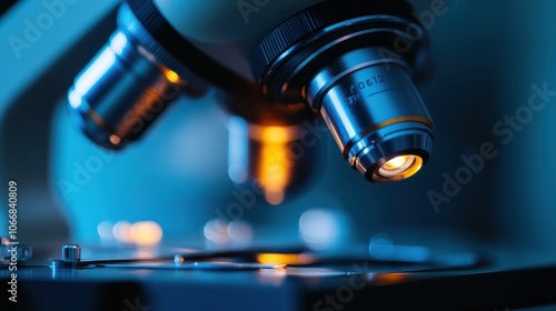 Microscope view of bright stem cells on a blue background, symbolizing scientific discovery