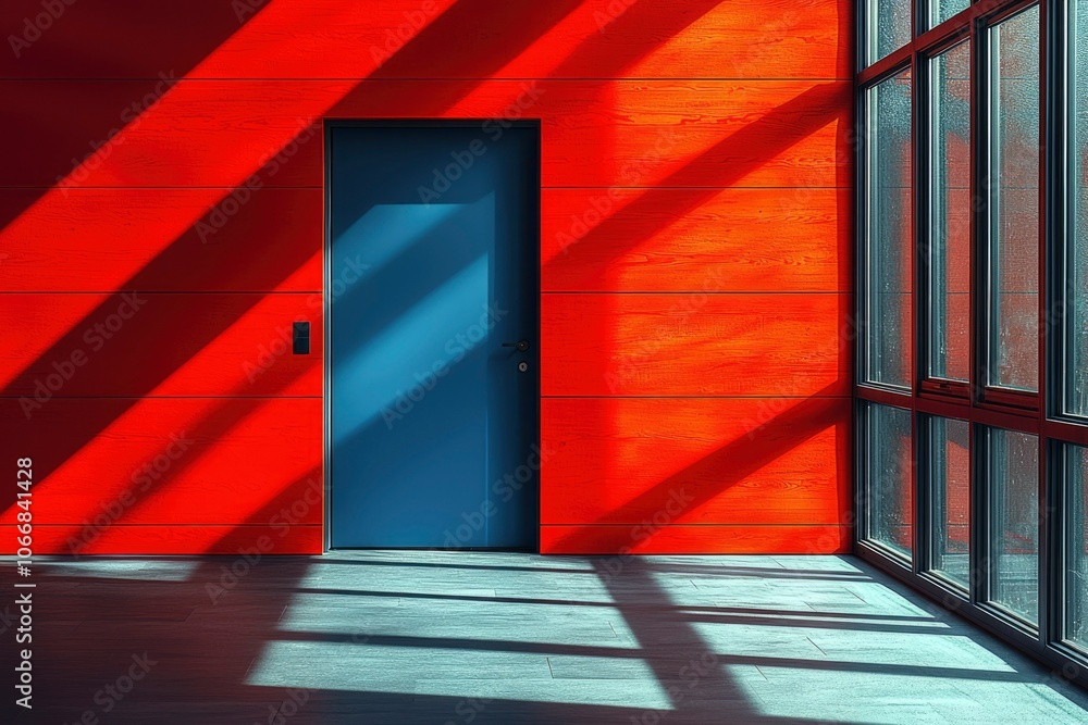 Red Wall With Blue Door and Window Casting Light Streaks Red Wall With Blue Door and Window Casting Light Streaks