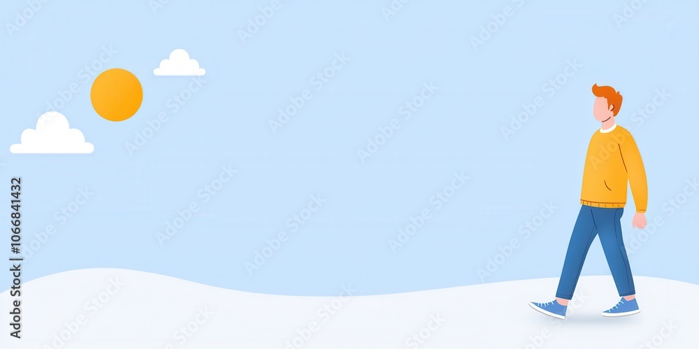 Person walking in a bright, sunny setting with clouds and snow. Person walking in a bright, sunny setting with clouds and snow.