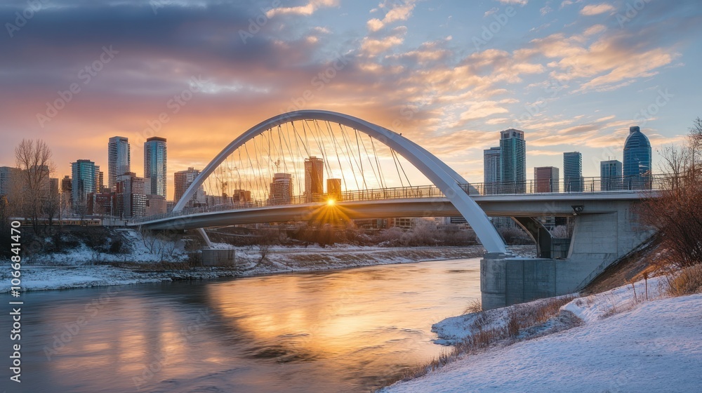 Obraz premium A stunning bridge over a river with city skyline in the background,