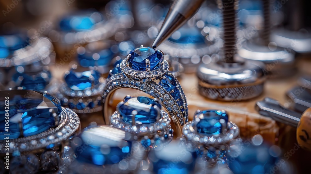 Master Jeweler Skillfully Setting Gems into a Sapphire Diamond Ring in a Tool-Filled Workshop Master Jeweler Skillfully Setting Gems into a Sapphire Diamond Ring in a Tool-Filled Workshop