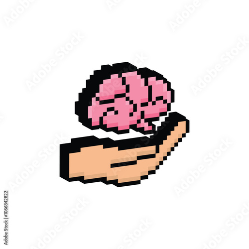 isometric pixel hand hold brain icon. Vector pixel art brain 8 bit logo for game