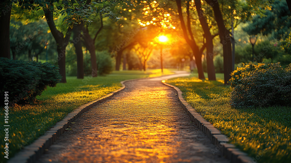 Obraz premium Peaceful park pathway bathed in sunlight with soft shadows as the day transitions to evening
