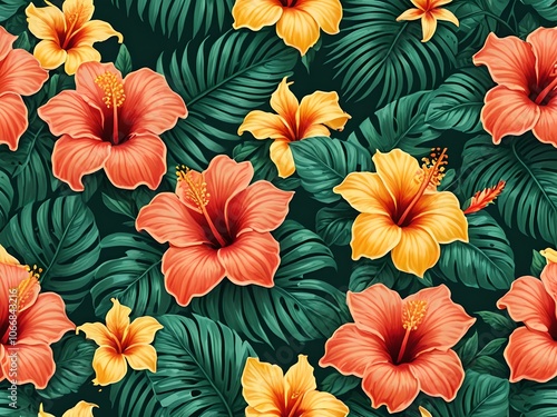Wallpaper Mural Vibrant pattern, fusing elements of Art Deco with a tropical aesthetic, including stylized palm leaves and colorful hibiscus flowers. Torontodigital.ca