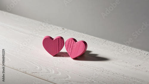 Two pink wooden hearts on a textured white surface with shadows photo