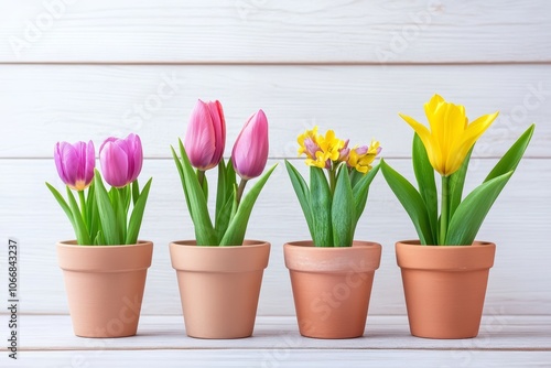 Colorful Spring Tulips and Daffodils in Terracotta Pots on White Background