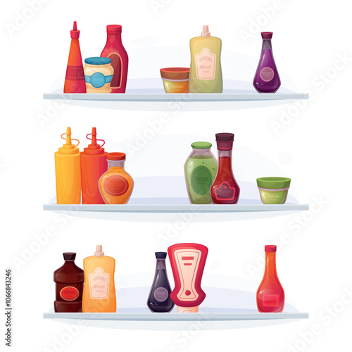 sauce in bottles. liquid seasoning to delicious food tomato mayo product ingredients standing on shelves
