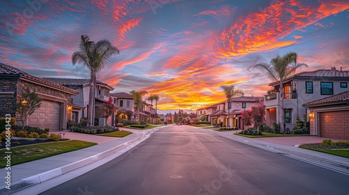 Neighborhood with Luxury Two-Story Homes Lining a Classic Dead-End Street Under a Dramatic Sunset Sky