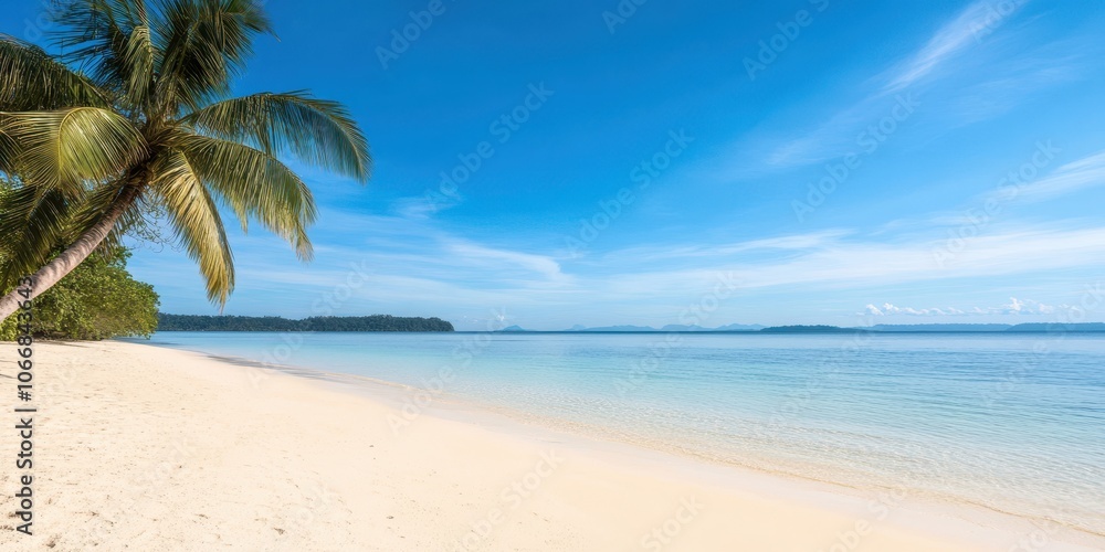 Obraz premium Serene beach with clear water, palm tree under bright blue sky.