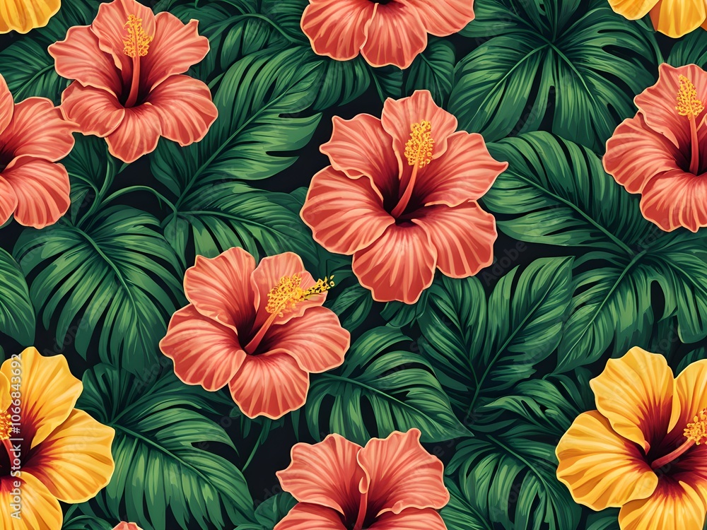 Vibrant pattern, fusing elements of Art Deco with a tropical aesthetic, including stylized palm leaves and colorful hibiscus flowers. Vibrant pattern, fusing elements of Art Deco with a tropical aesthetic, including stylized palm leaves and colorful hibiscus flowers.
