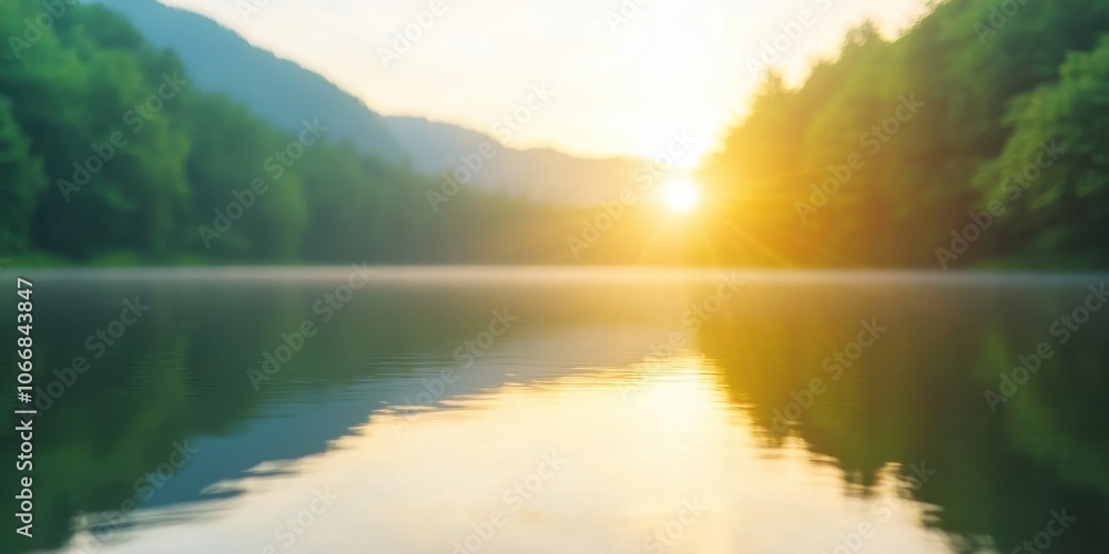 Fototapeta premium Serene sunrise over tranquil lake, reflecting mountains and lush greenery.