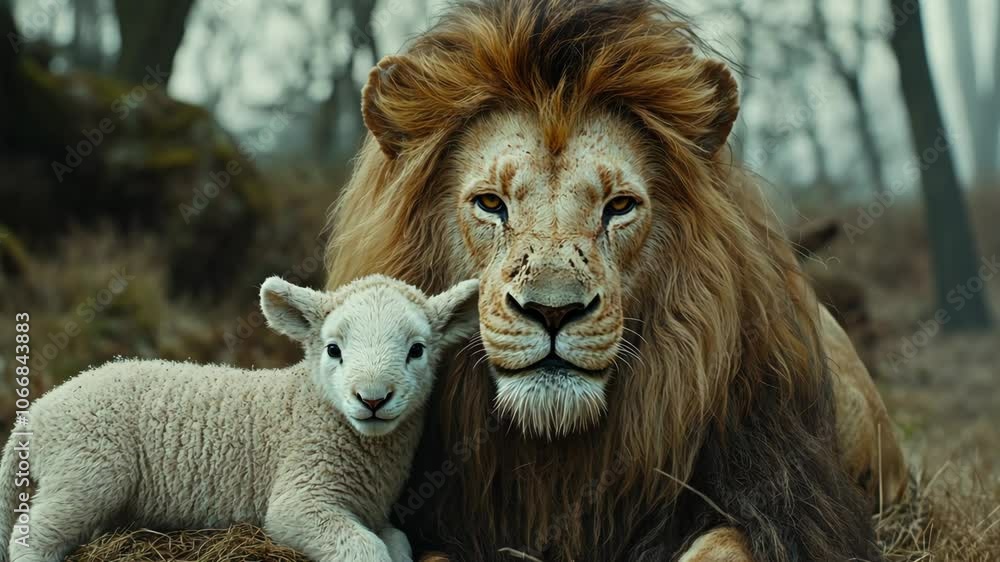 A lion and a lamb rest together in a wooded area A lion and a lamb rest together in a wooded area