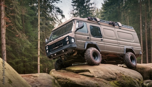Futuristic offroad camper van on rocks in the woods