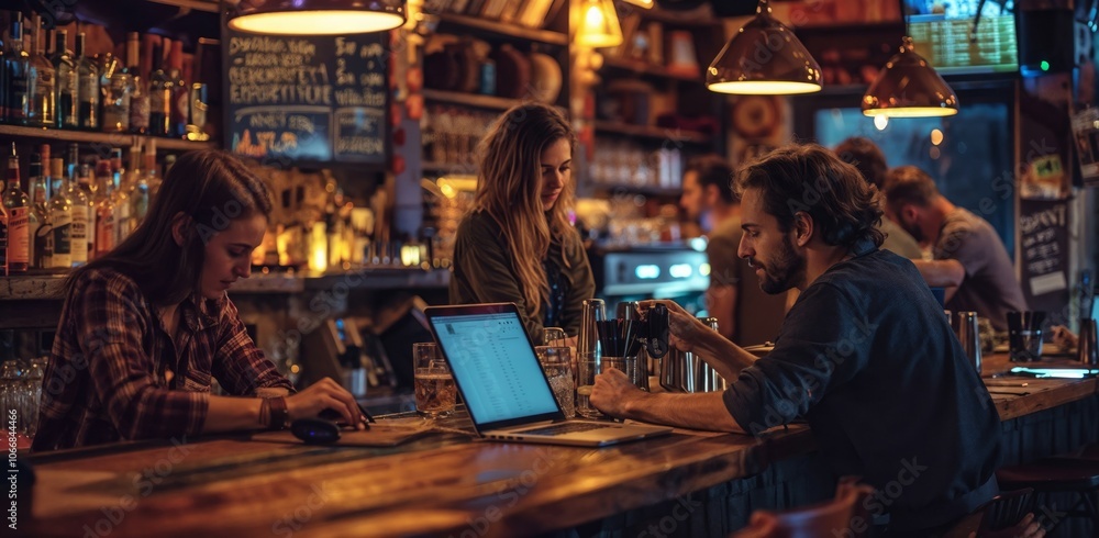People working and socializing in a cozy, dimly lit bar with laptops, surrounded by shelves of bottles and warm lighting, creating a relaxed and collaborative atmosphere People working and socializing in a cozy, dimly lit bar with laptops, surrounded by shelves of bottles and warm lighting, creating a relaxed and collaborative atmosphere