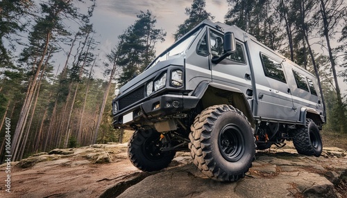 Futuristic offroad camper van on rocks in the woods