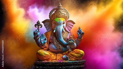 A colorful statue of Ganesha sits against a backdrop of vibrant powder