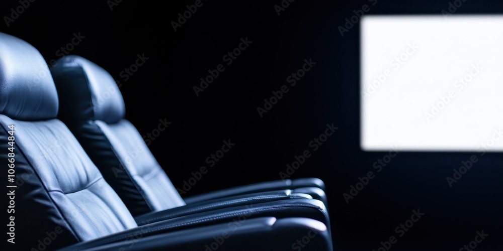 Sleek cinema seats in a dark room with a blank screen for potential movie magic. Sleek cinema seats in a dark room with a blank screen for potential movie magic.
