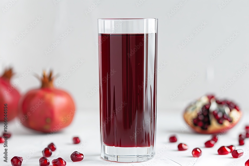 A tall glass of pomegranate juice with a rich ruby red color set against a pristine white surface A tall glass of pomegranate juice with a rich ruby red color set against a pristine white surface