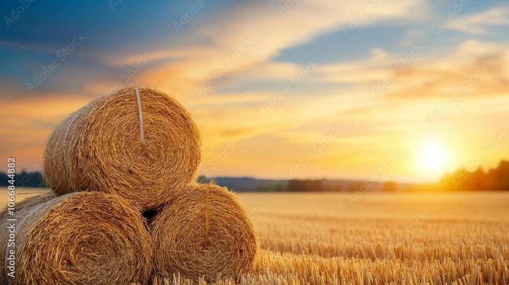 Straw bundles in field, countryside farming, warm sunset hues Straw bundles in field, countryside farming, warm sunset hues