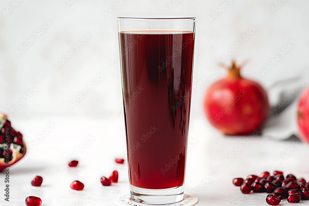 A tall glass of pomegranate juice with a rich ruby red color set against a pristine white surface A tall glass of pomegranate juice with a rich ruby red color set against a pristine white surface