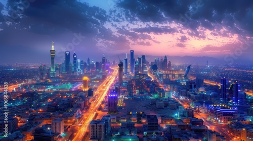 Riyadh Skyline at Night Featuring Kingdom Centre Tower and Iconic Cityscape Landmarks