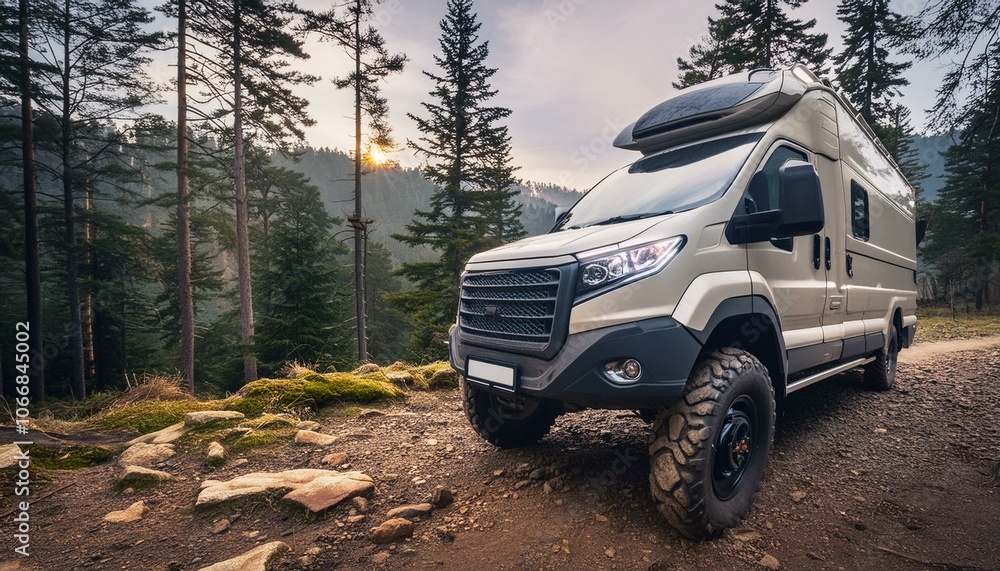 Futuristic offroad camper van on rocks in the woods Futuristic offroad camper van on rocks in the woods