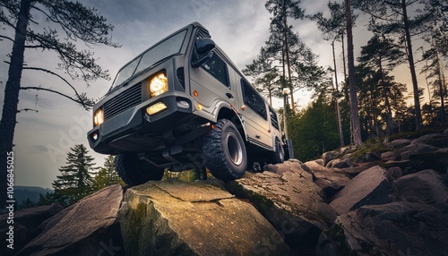 Futuristic offroad camper van on rocks in the woods