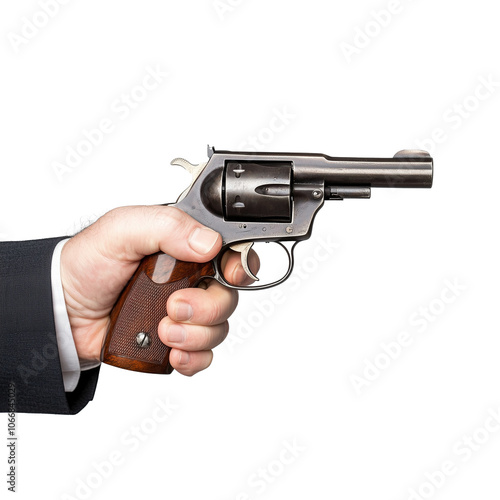 Hand holding silver revolver pointing to the side on transparent background